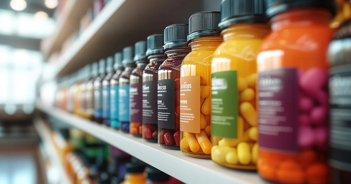 Colorful supplement bottles lined up on a pharmacy shelf.